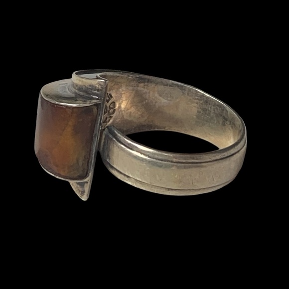 Vintage FCA Amber Inlay Taxco Mexico Sterling Silver Modernist Unique Men’s Ring - Picture 11 of 14